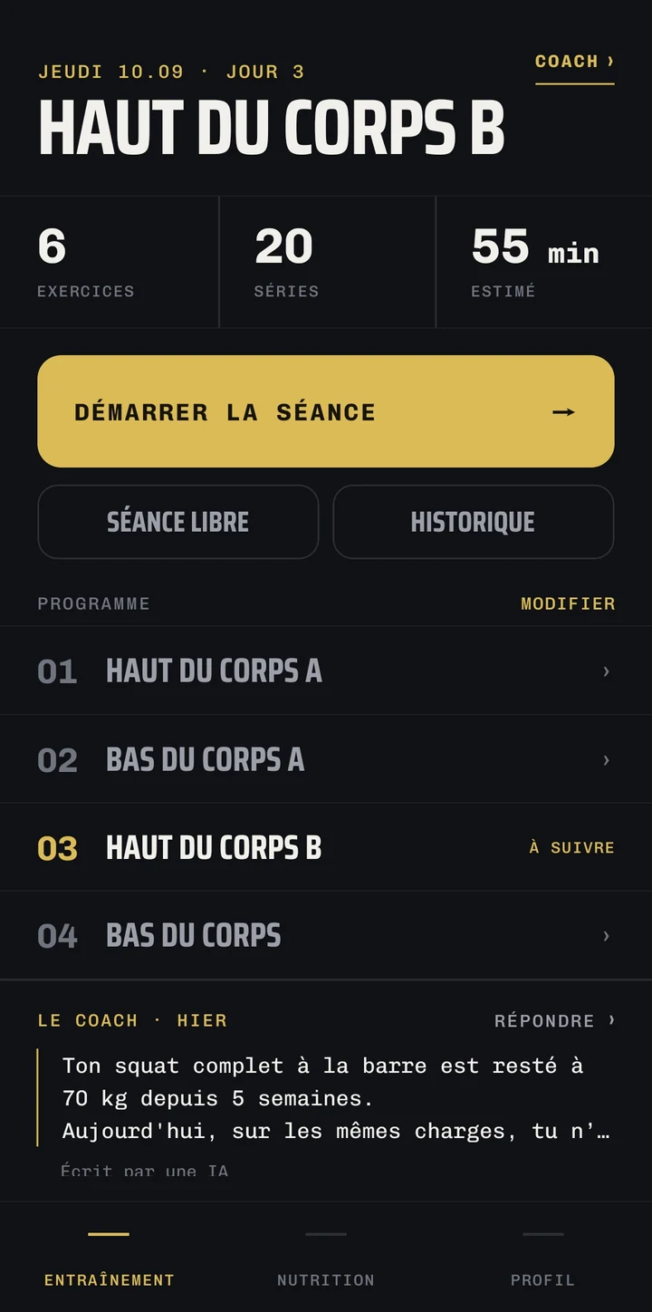 L'écran Entraînement de Reppme : jeudi 10.09, jour 3, « Haut du corps B », 6 exercices, 20 séries, 55 minutes estimées, et un bouton « Démarrer la séance ».