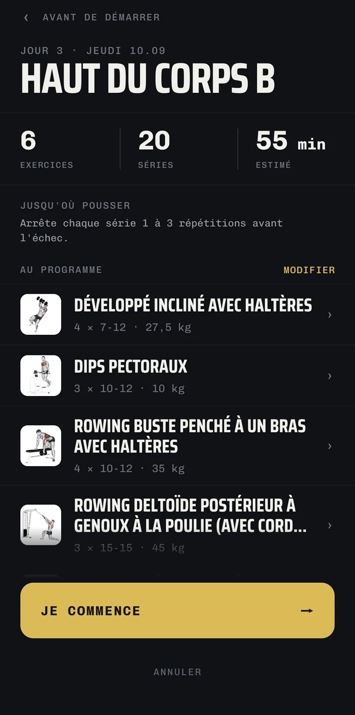 L'écran « Avant de démarrer » : jour 3, « Haut du corps B », 6 exercices, 20 séries, 55 minutes estimées, la consigne d'effort, et la liste des exercices avec leurs séries et leurs charges.